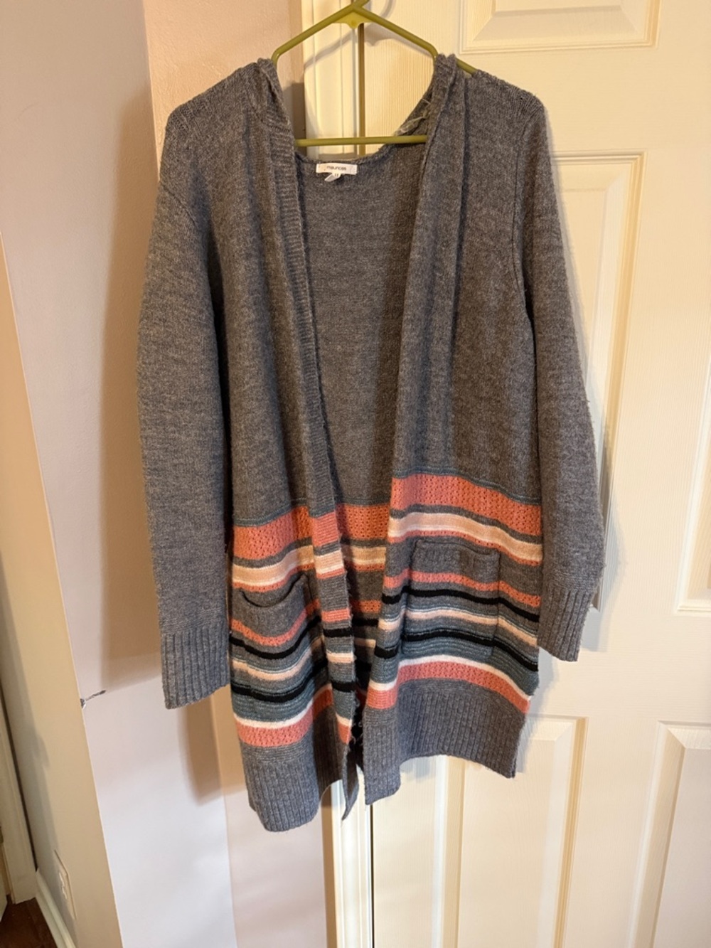 Maurices Gray Open-Front Cardigan with Pink, Cream, Green & Navy Stripes